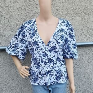 INC International Concepts Women's Batik Scene Surplice Printed Puff Sleeve Sz L